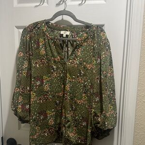 Entro Olive Green Floral Peasant Blouse